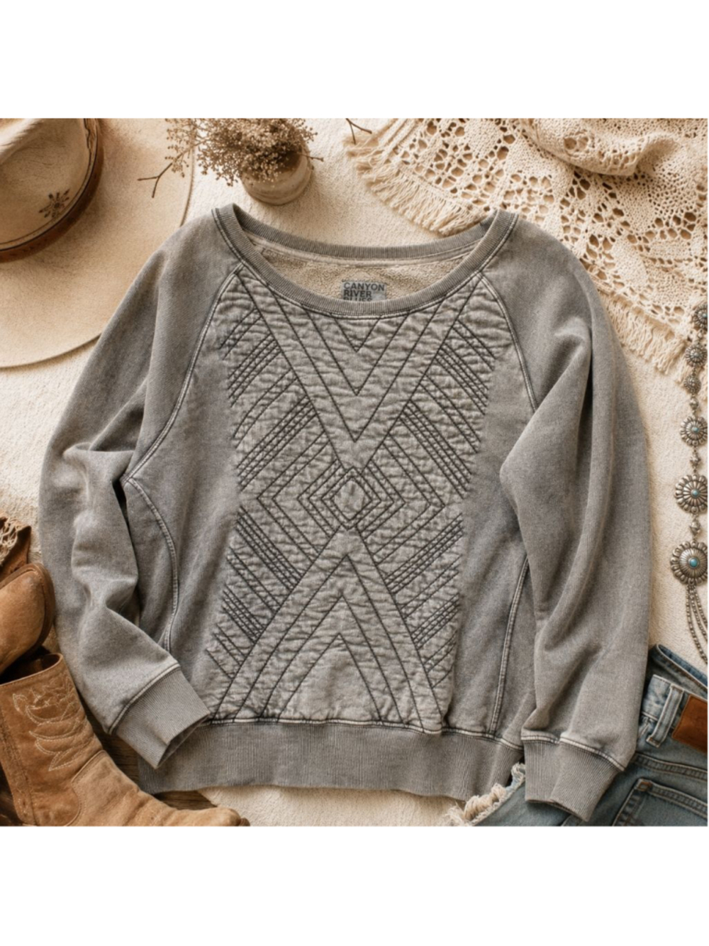 Canyon River Blues XL Mineral Wash Quilted Sweatshirt Boho Oversized Pullover